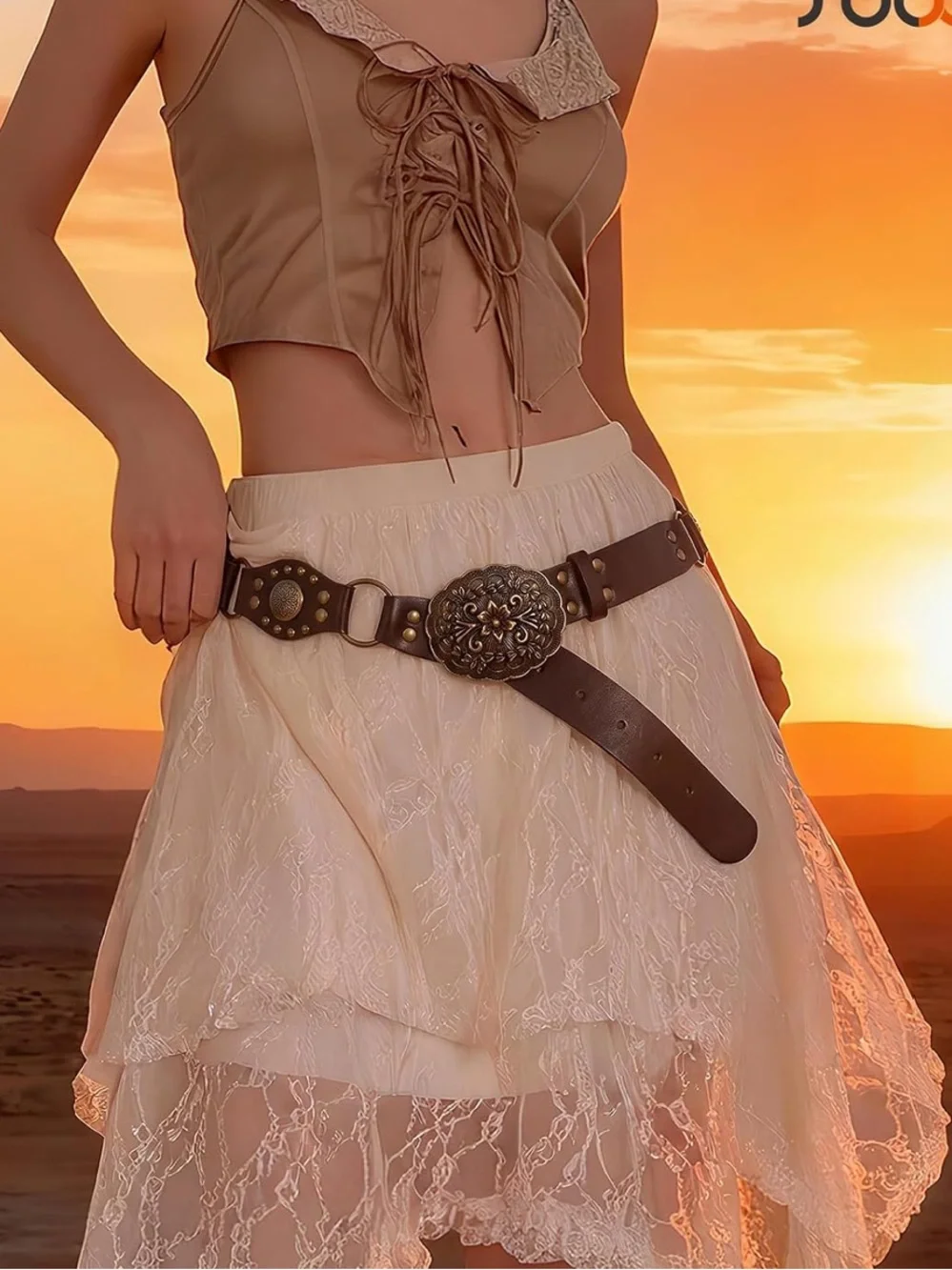 Brown Leather Belt with Ornate Antique Gold Buckle